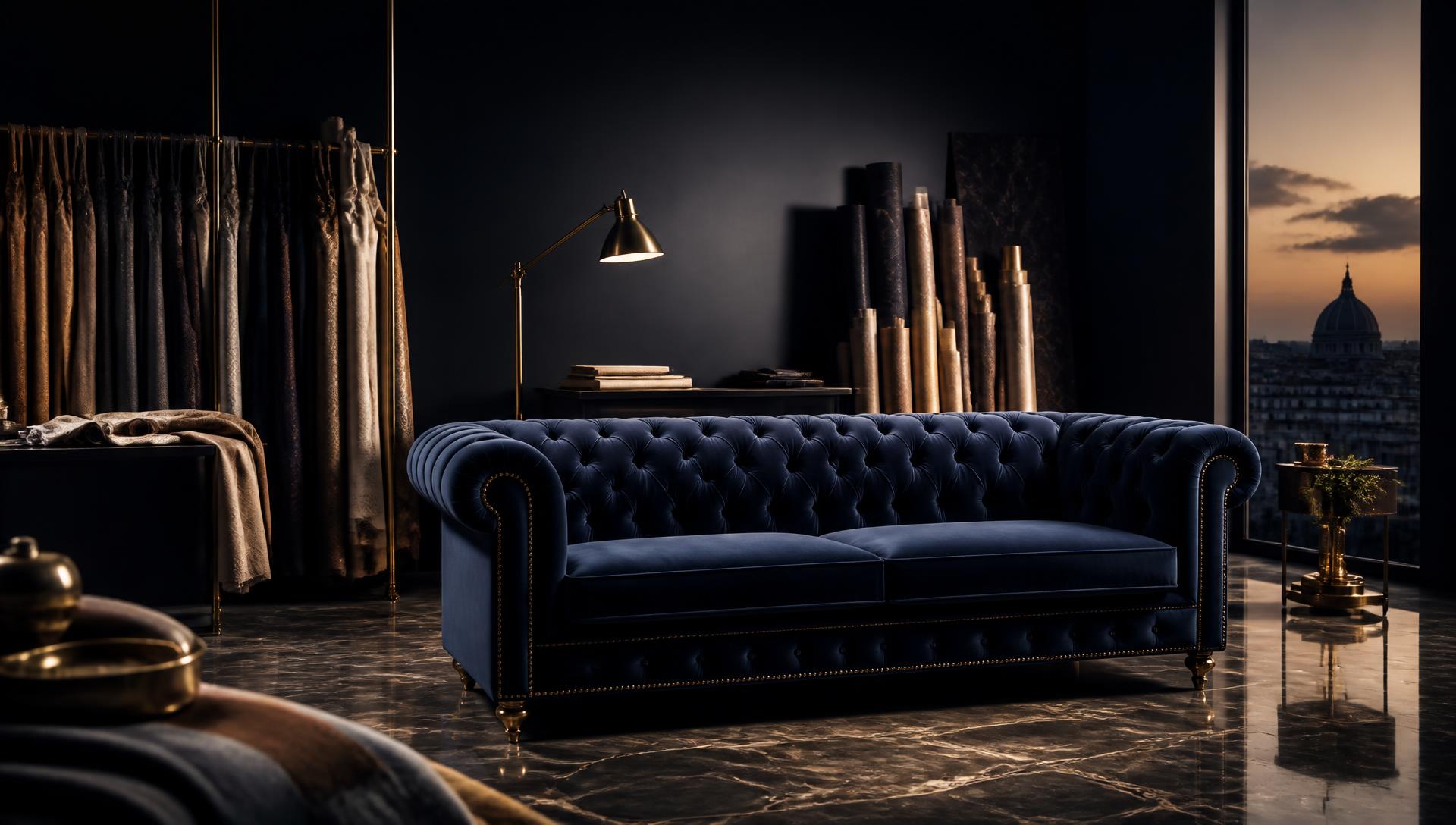 Navy velvet chesterfield sofa in a luxury upholstery atelier