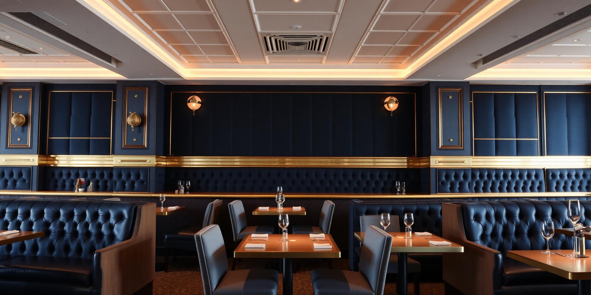Restaurant dining room with tufted navy booths reupholstered by Kaiser Upholstery