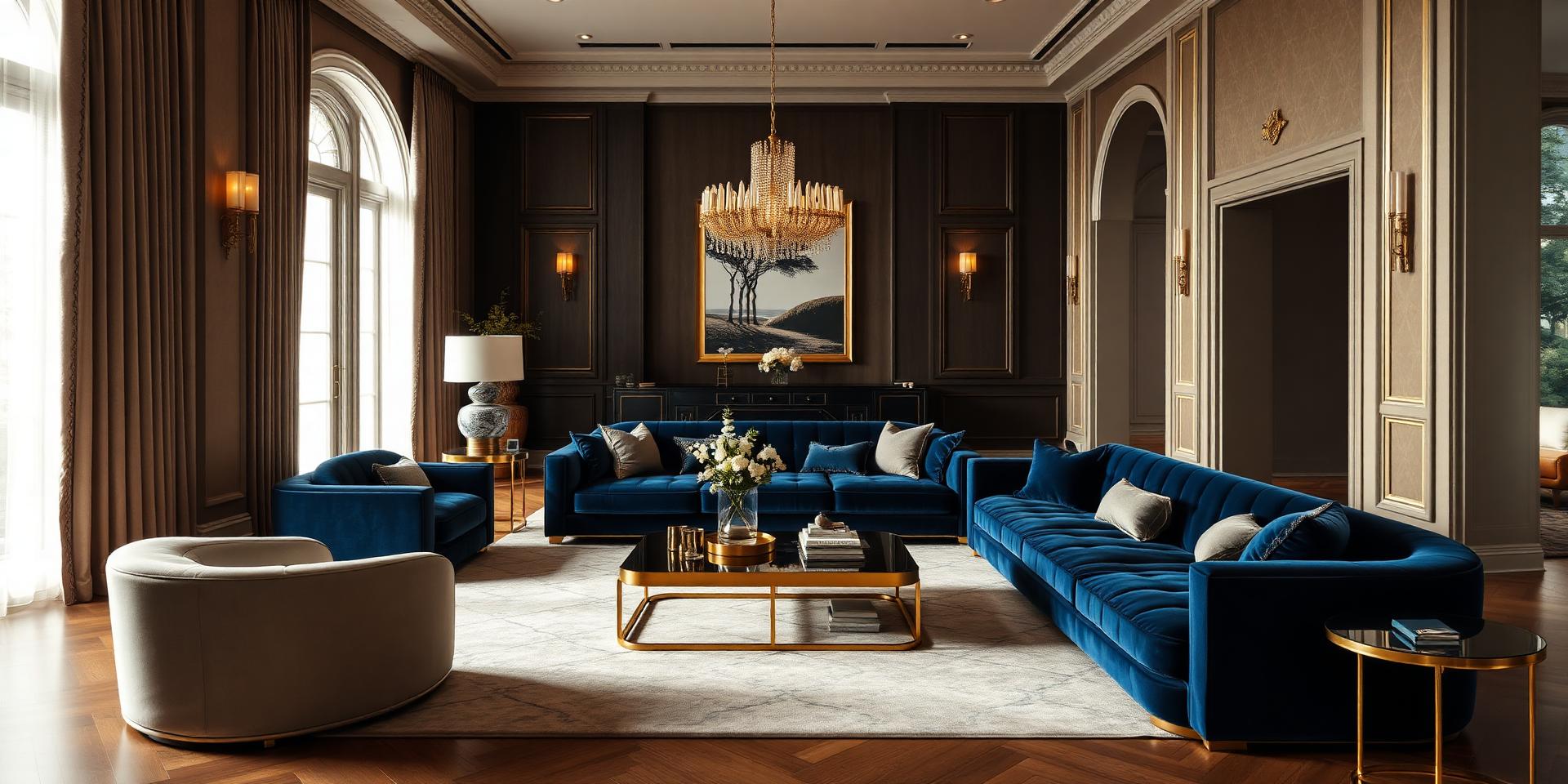 Luxury living room with navy velvet sofa reupholstered by Kaiser Upholstery